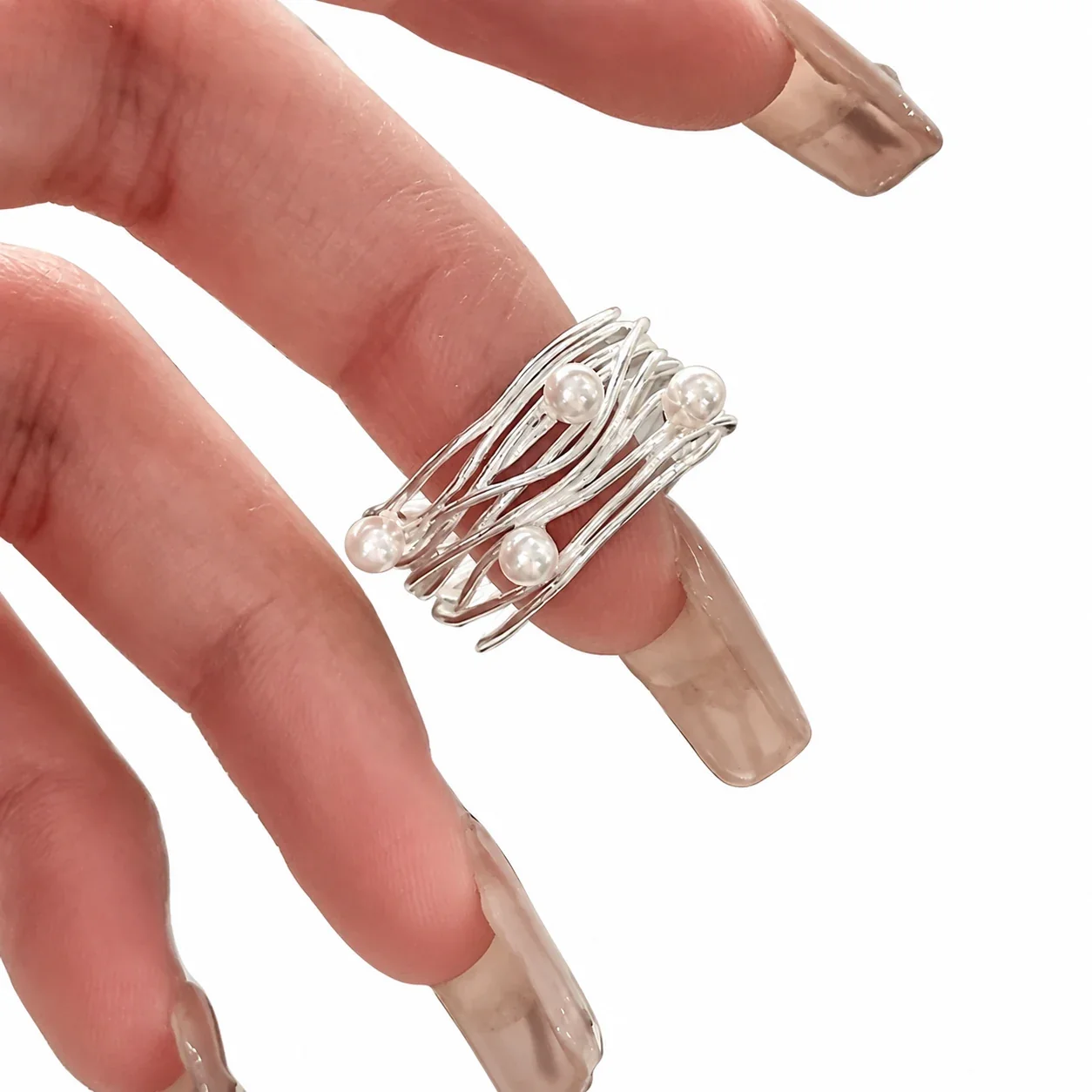 Organic 925 Sterling Silver Wire-Wrapped Pearl Open Ring