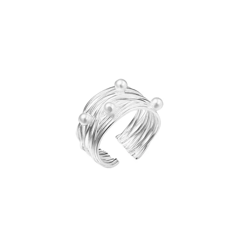Organic 925 Sterling Silver Wire-Wrapped Pearl Open Ring
