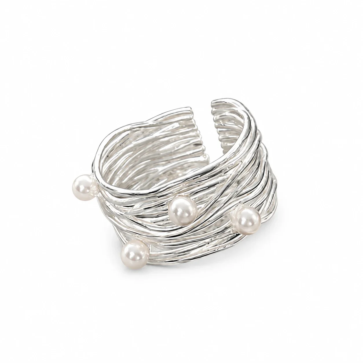 Organic 925 Sterling Silver Wire-Wrapped Pearl Open Ring - Silver