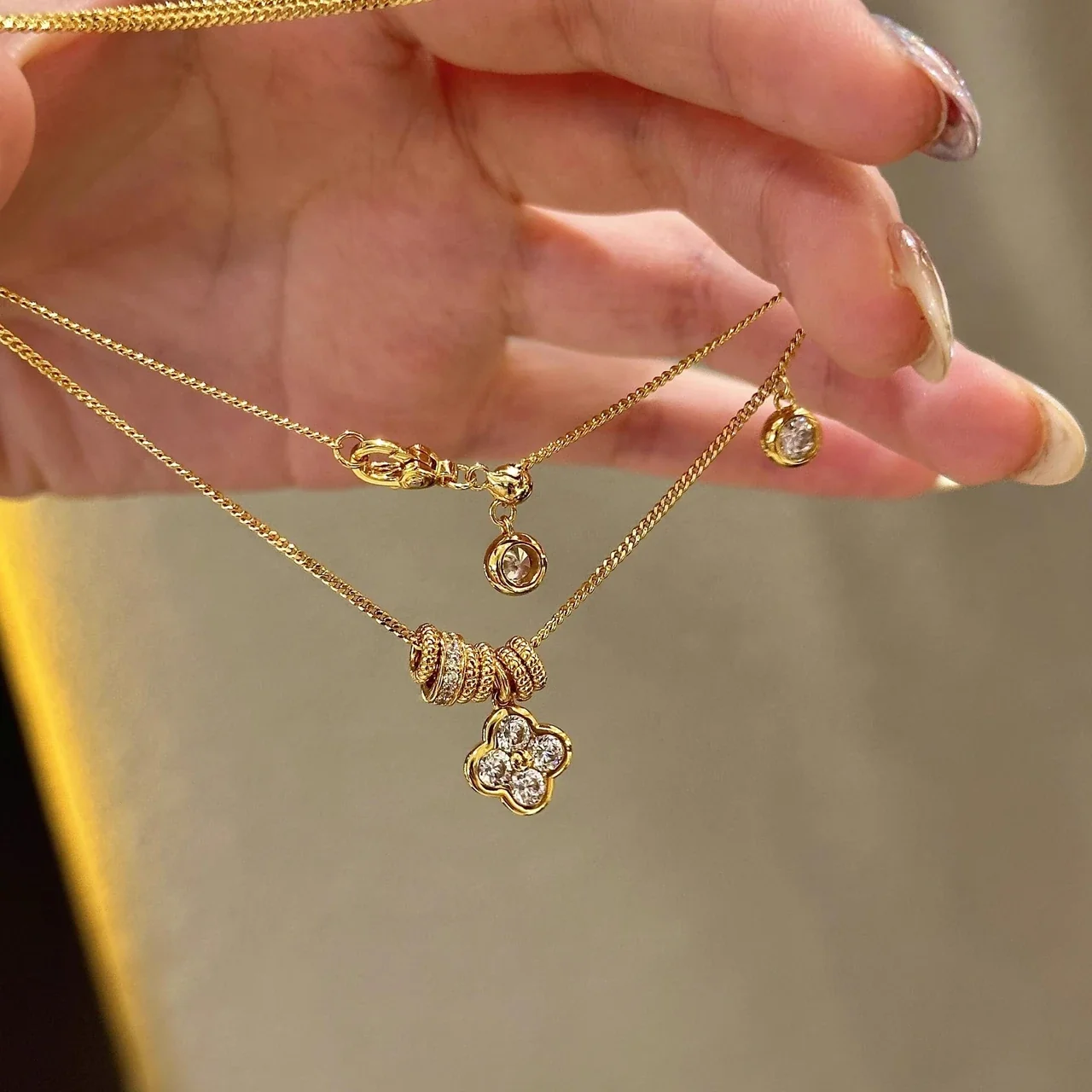 Ornate Gold-Plated Copper Flower Slider Pendant Necklace