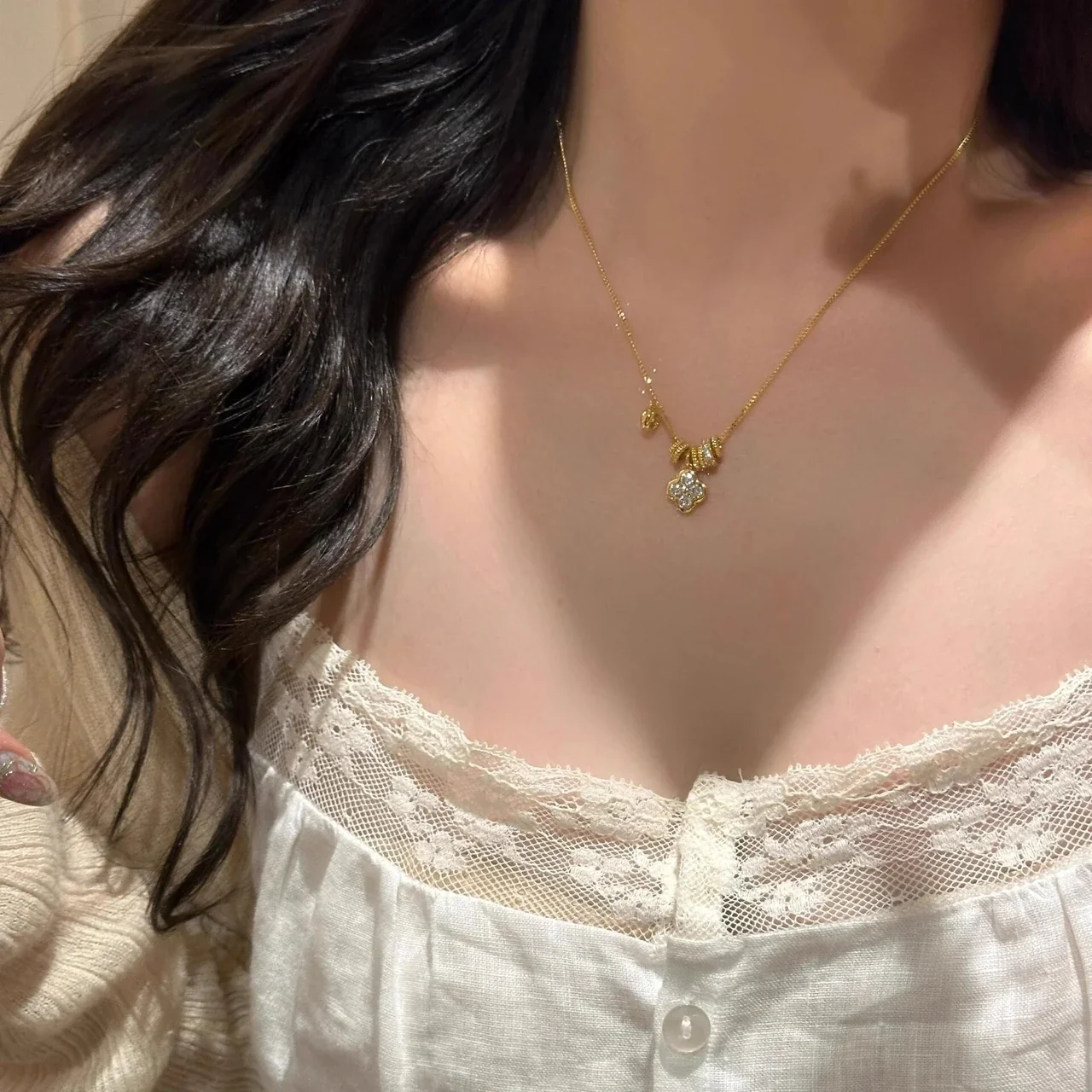 Ornate Gold-Plated Copper Flower Slider Pendant Necklace