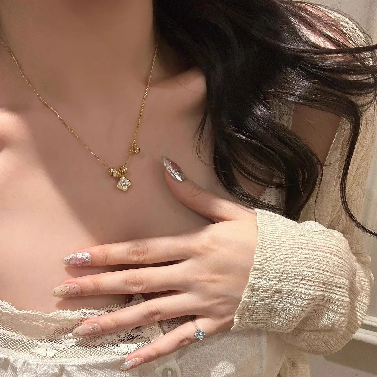 Ornate Gold-Plated Copper Flower Slider Pendant Necklace