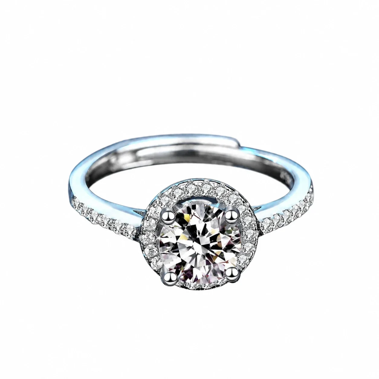 Radiant 925 Sterling Silver Halo Four-Prong Moissanite Ring