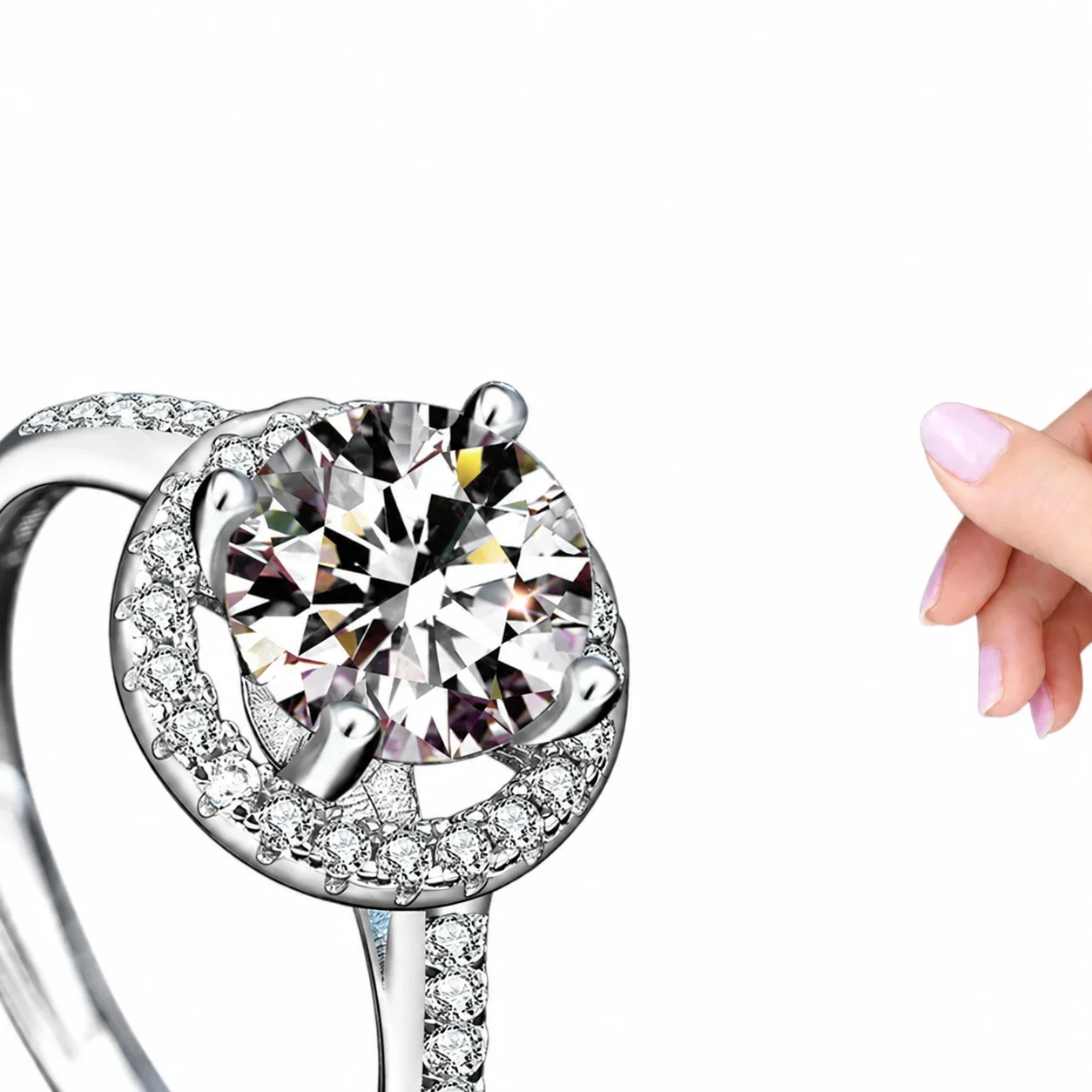 Radiant 925 Sterling Silver Halo Four-Prong Moissanite Ring