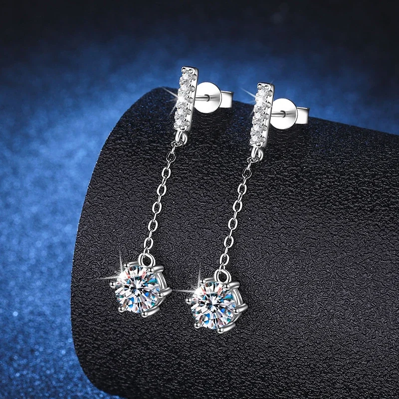Delicate Six-Prong Moissanite Chain 925 Sterling Silver Drop Earrings