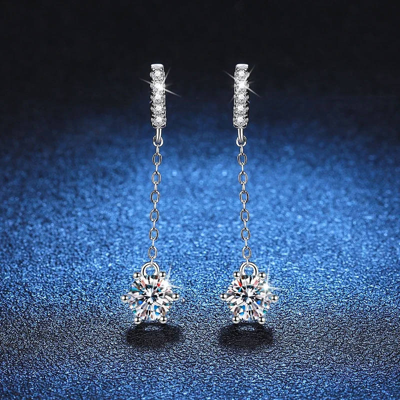 Delicate Six-Prong Moissanite Chain 925 Sterling Silver Drop Earrings