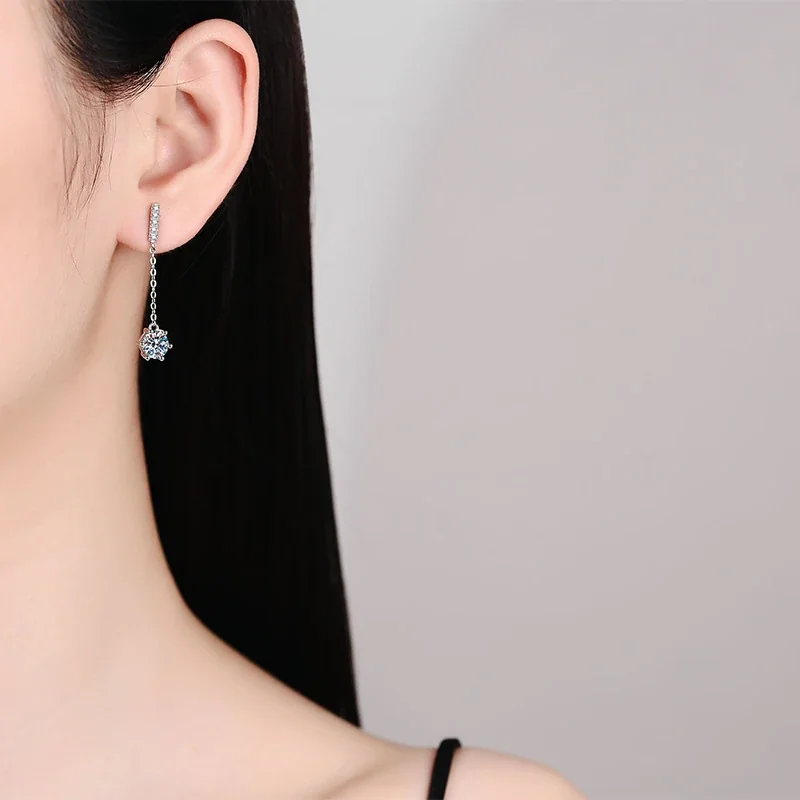 Delicate Six-Prong Moissanite Chain 925 Sterling Silver Drop Earrings