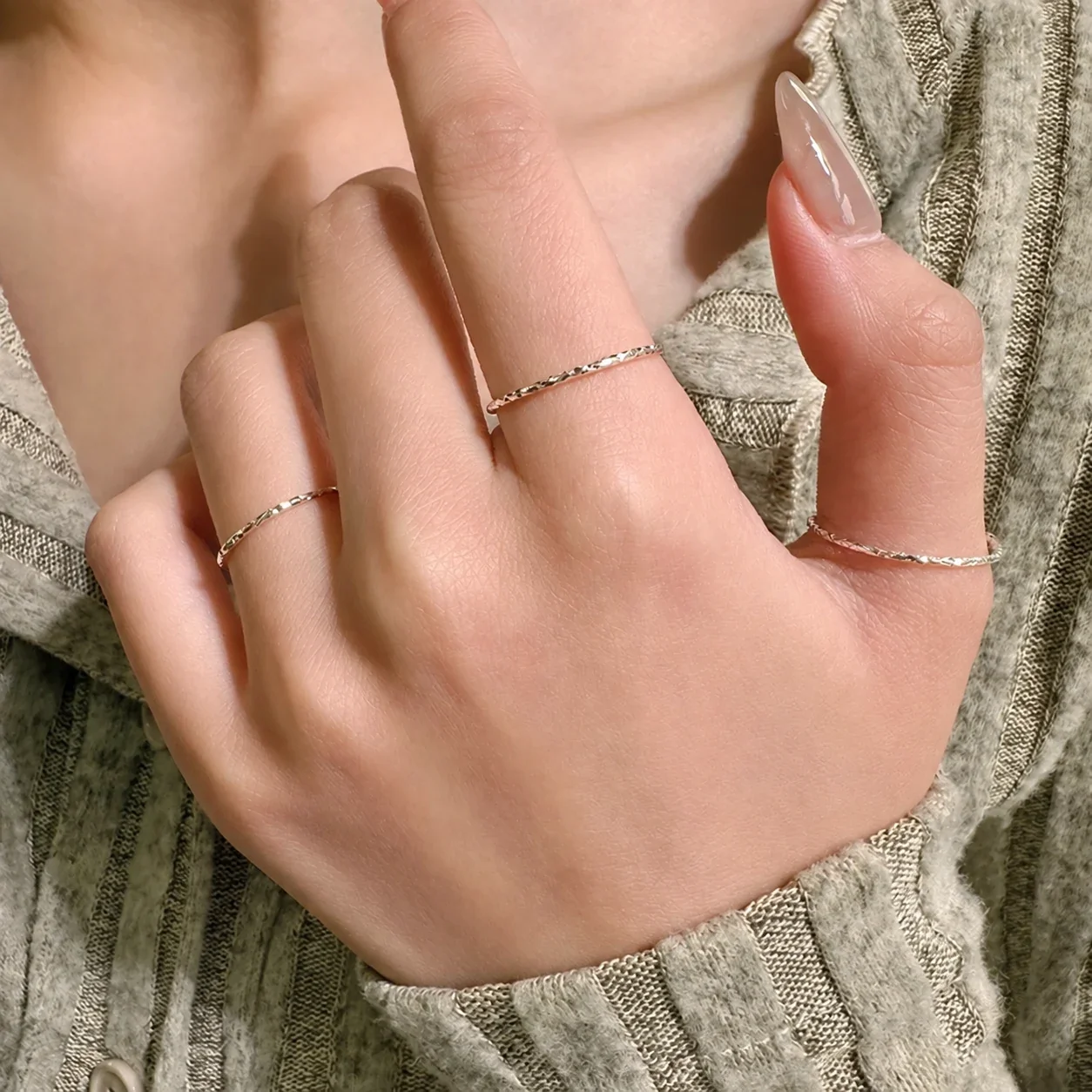 Faceted 925 Sterling Silver Slim Band Stacking Ring