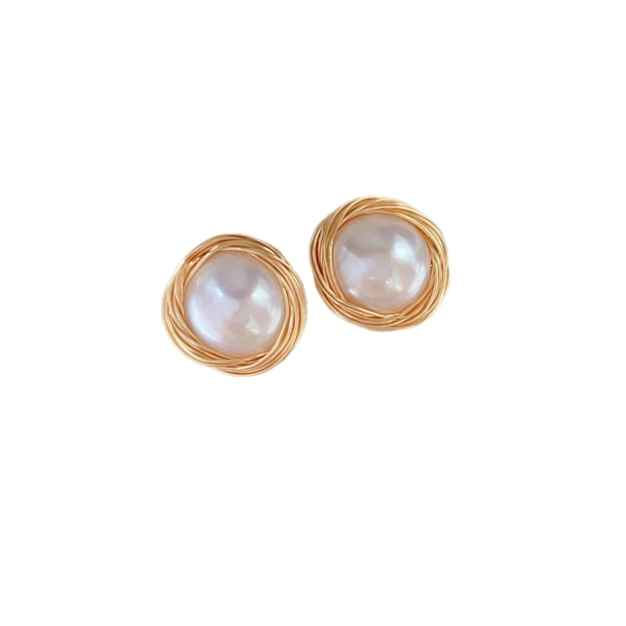 Lustrous Gold-Plated Wire Nest Freshwater Pearl Stud Earrings