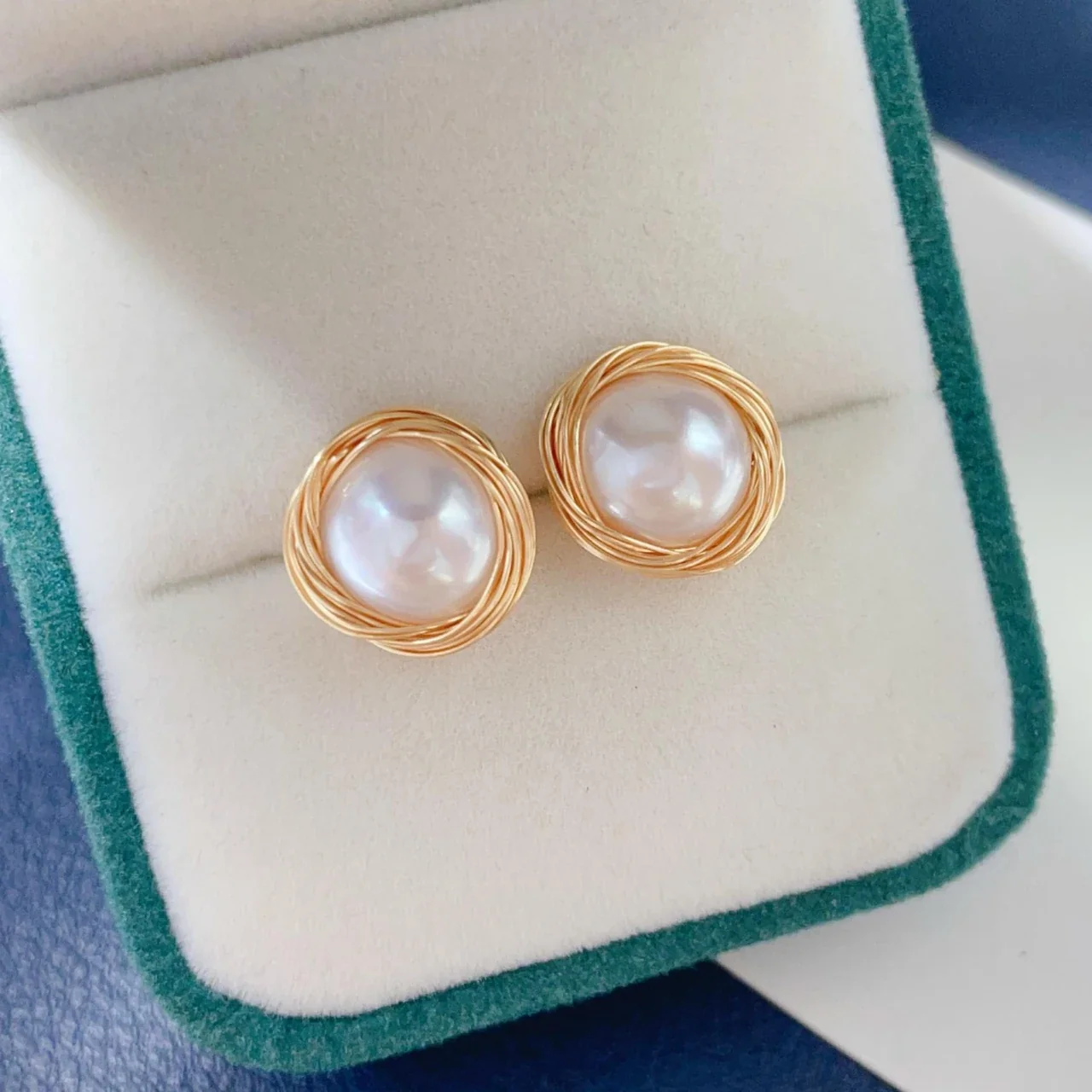 Lustrous Gold-Plated Wire Nest Freshwater Pearl Stud Earrings