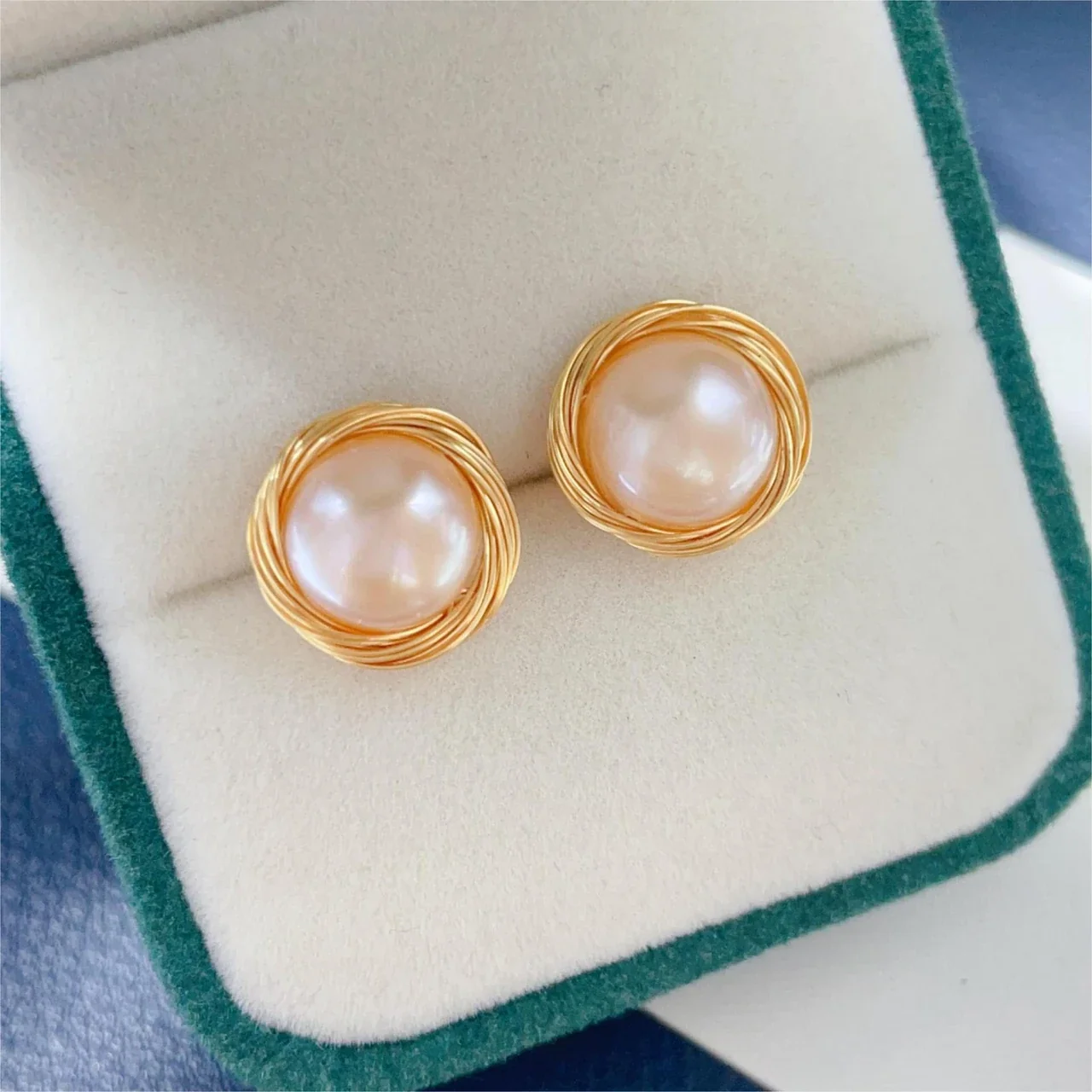 Lustrous Gold-Plated Wire Nest Freshwater Pearl Stud Earrings