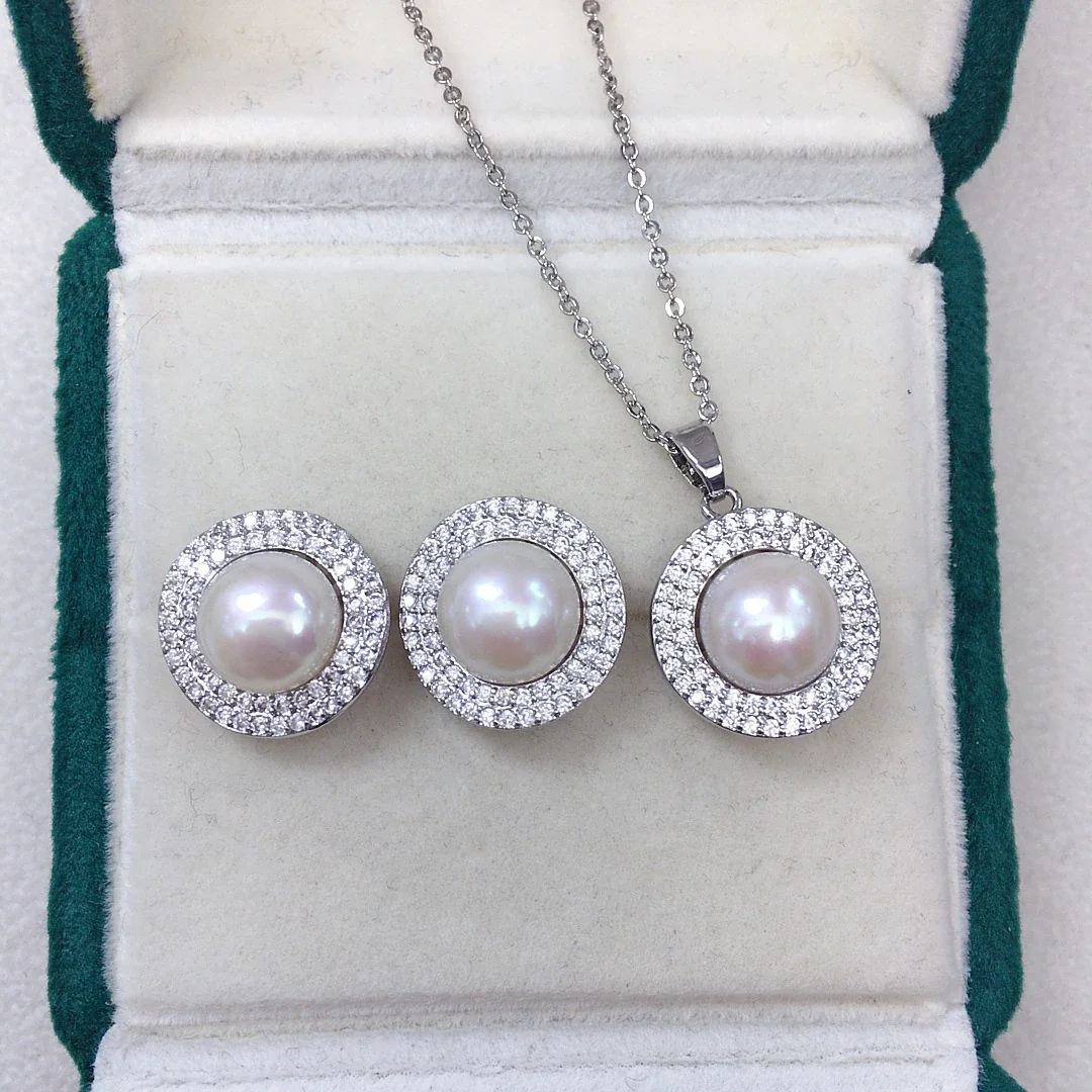 Radiant Silver-Plated Round Freshwater Pearl Pavé Halo Jewelry Set