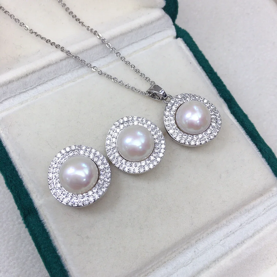 Radiant Silver-Plated Round Freshwater Pearl Pavé Halo Jewelry Set