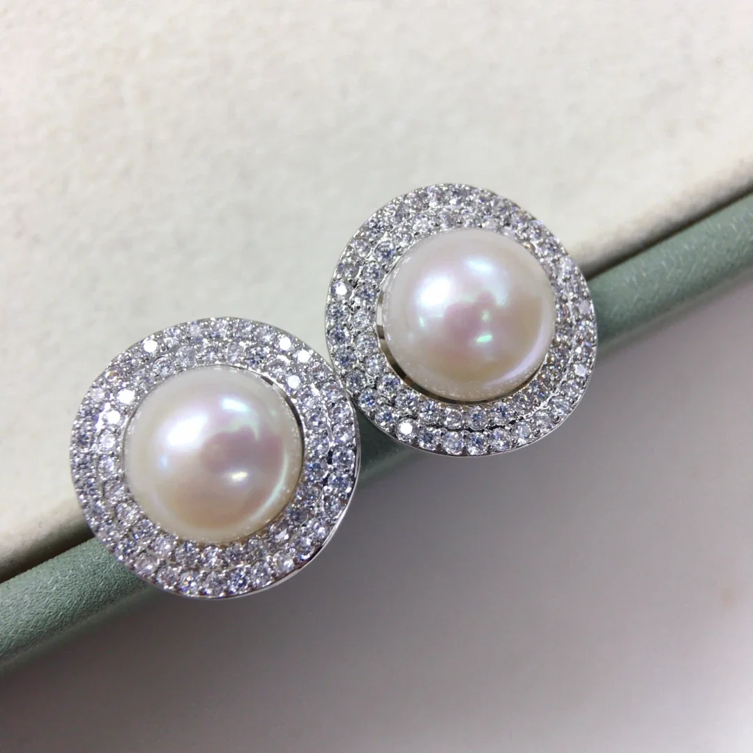 Radiant Silver-Plated Round Freshwater Pearl Pavé Halo Jewelry Set