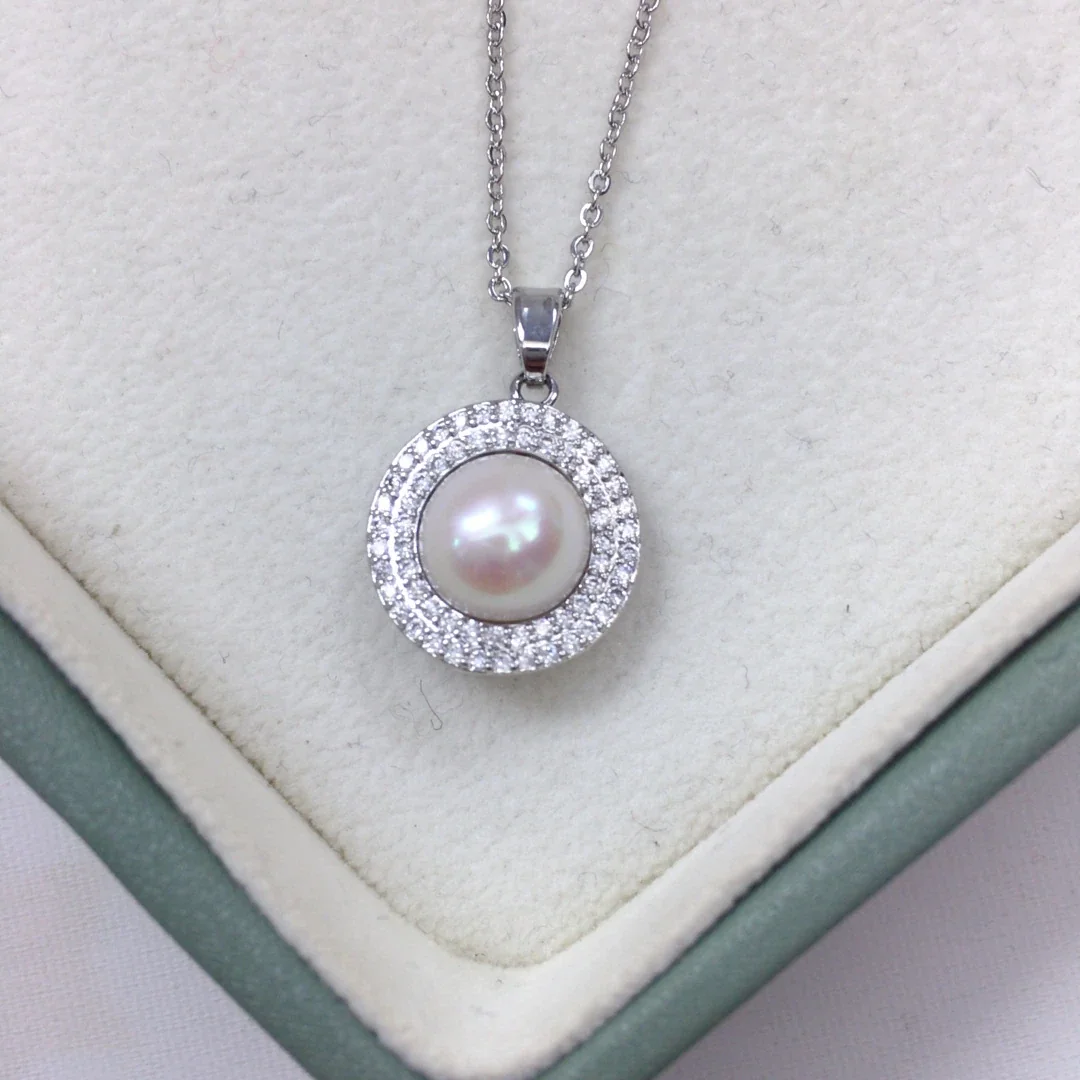Radiant Silver-Plated Round Freshwater Pearl Pavé Halo Jewelry Set