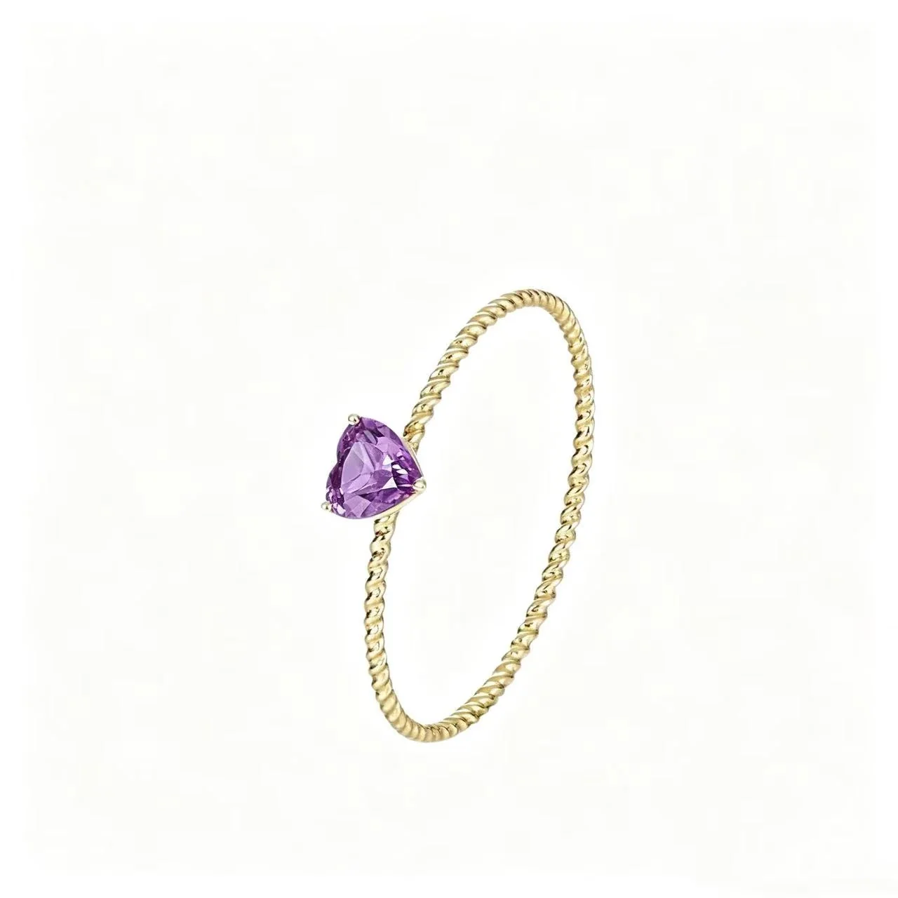 Delicate 925 Sterling Silver Twisted Heart Stone Ring - Gold-Tone Amethyst
