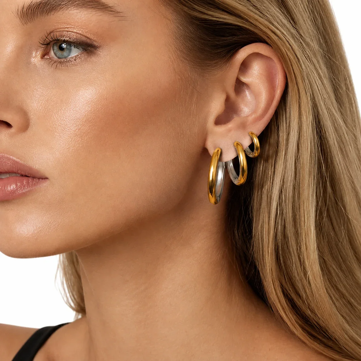 Chunky Two-Tone Stainless Steel Oval Huggie Hoop Earrings