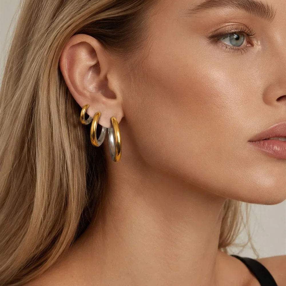 Chunky Two-Tone Stainless Steel Oval Huggie Hoop Earrings