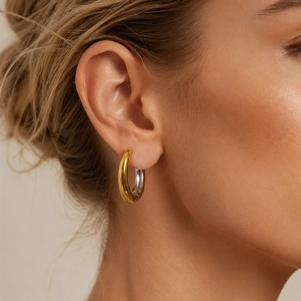 Chunky Two-Tone Stainless Steel Oval Huggie Hoop Earrings