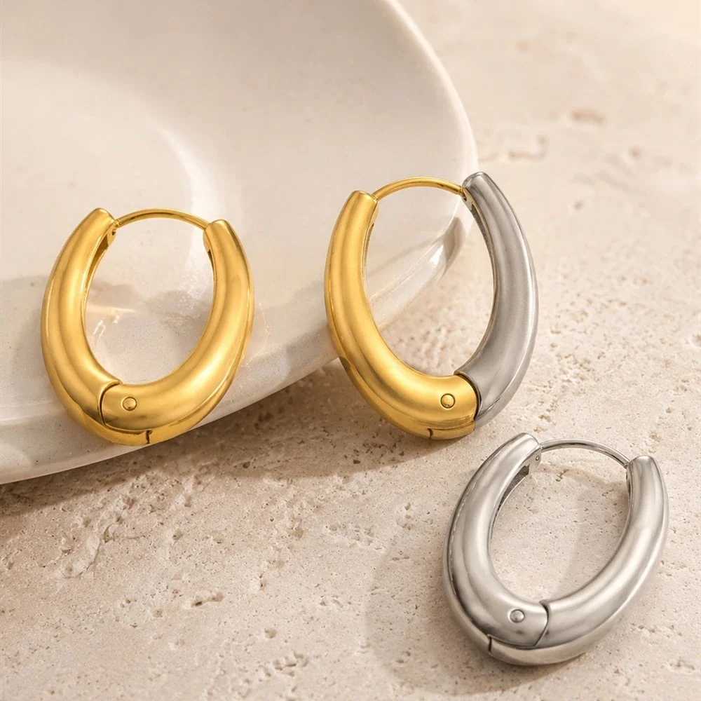Chunky Two-Tone Stainless Steel Oval Huggie Hoop Earrings