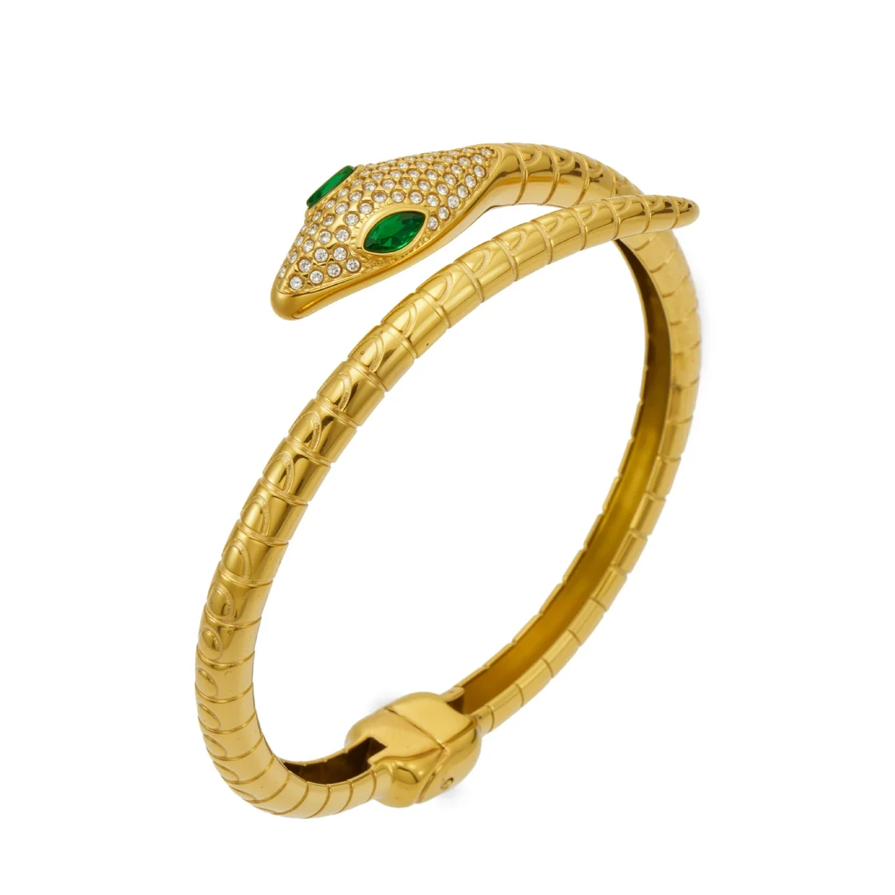 Polished Stainless Steel Pavé Green-Eye Serpent Cuff