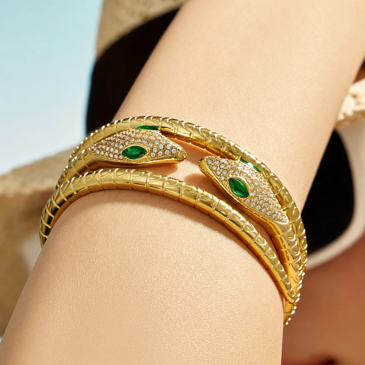Polished Stainless Steel Pavé Green-Eye Serpent Cuff