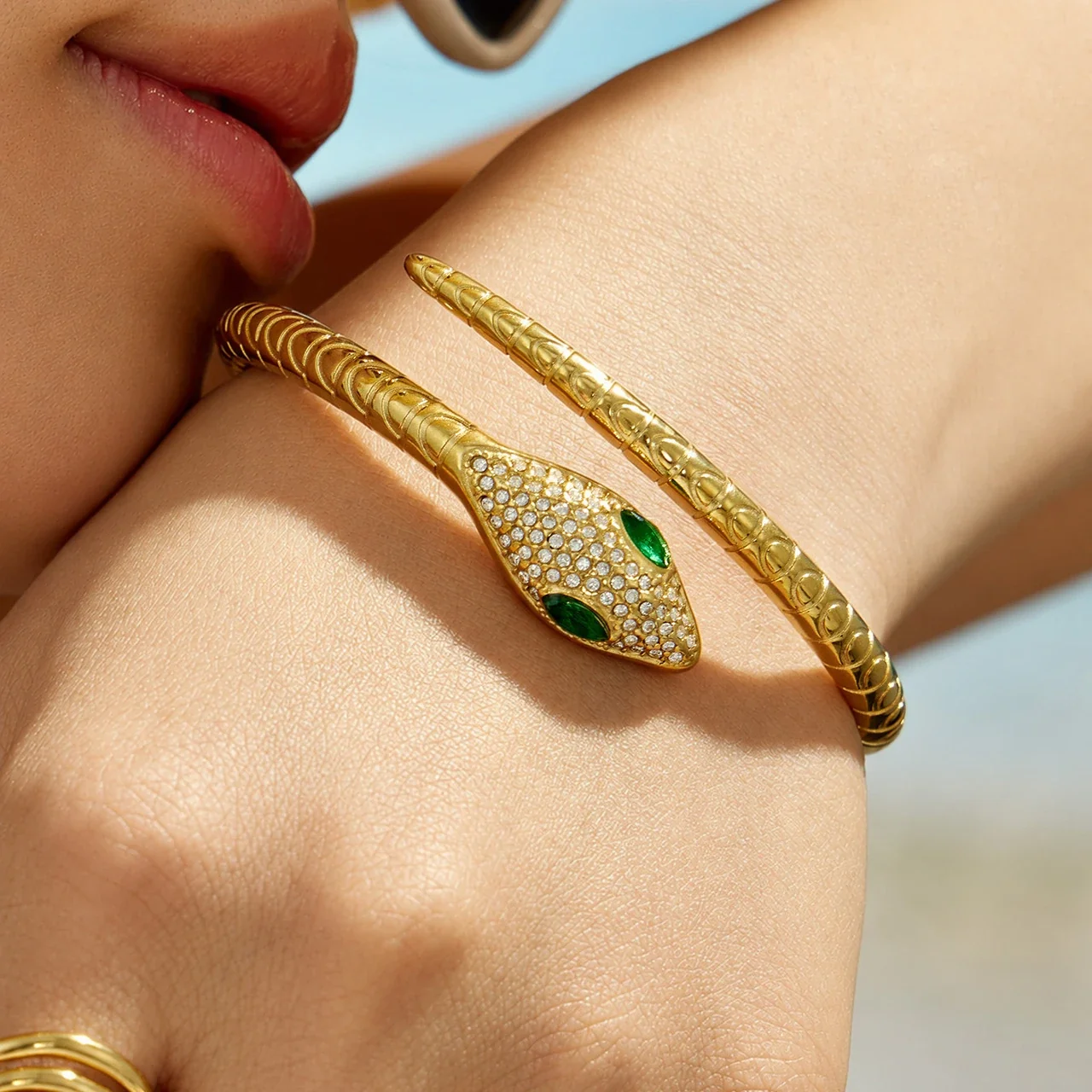 Polished Stainless Steel Pavé Green-Eye Serpent Cuff