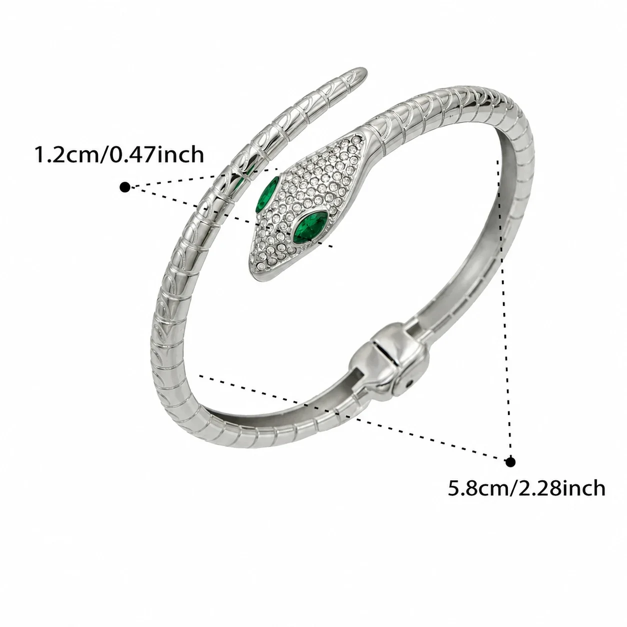Polished Stainless Steel Pavé Green-Eye Serpent Cuff - Silver Green CZ Serpent