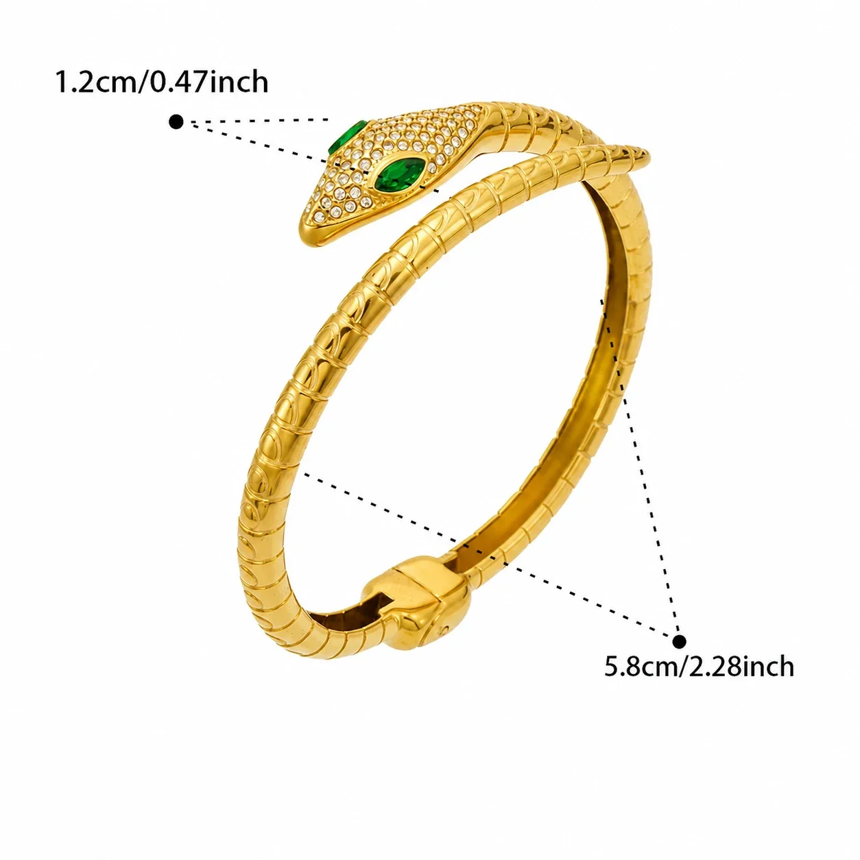 Polished Stainless Steel Pavé Green-Eye Serpent Cuff - Gold Green CZ Serpent
