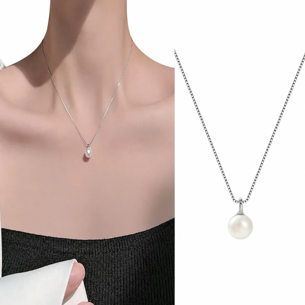 Minimalist 925 Sterling Silver Round Pearl Box Chain Necklace