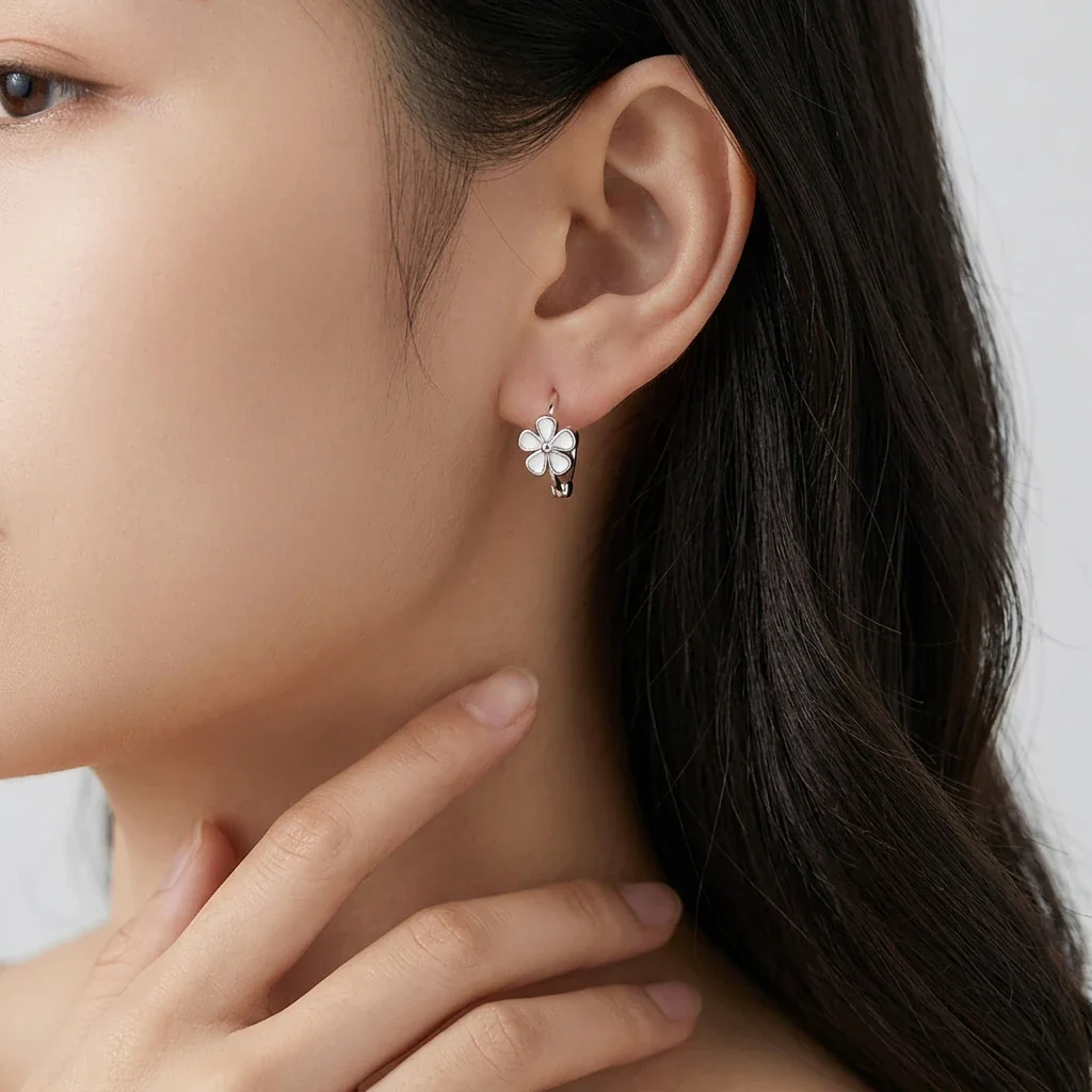 Delicate 925 Sterling Silver Six-Petal Hoop Earrings