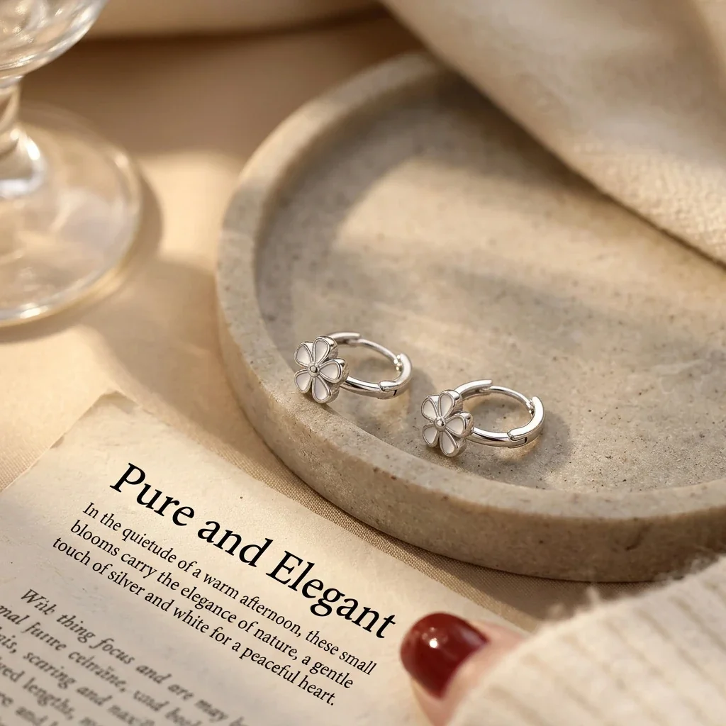 Delicate 925 Sterling Silver Six-Petal Hoop Earrings - Silver Pair
