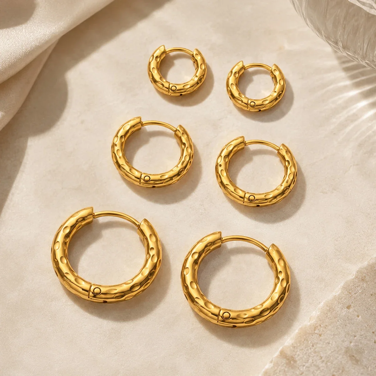 Dimpled Huggie Stainless Steel Hinged Hoop Earrings