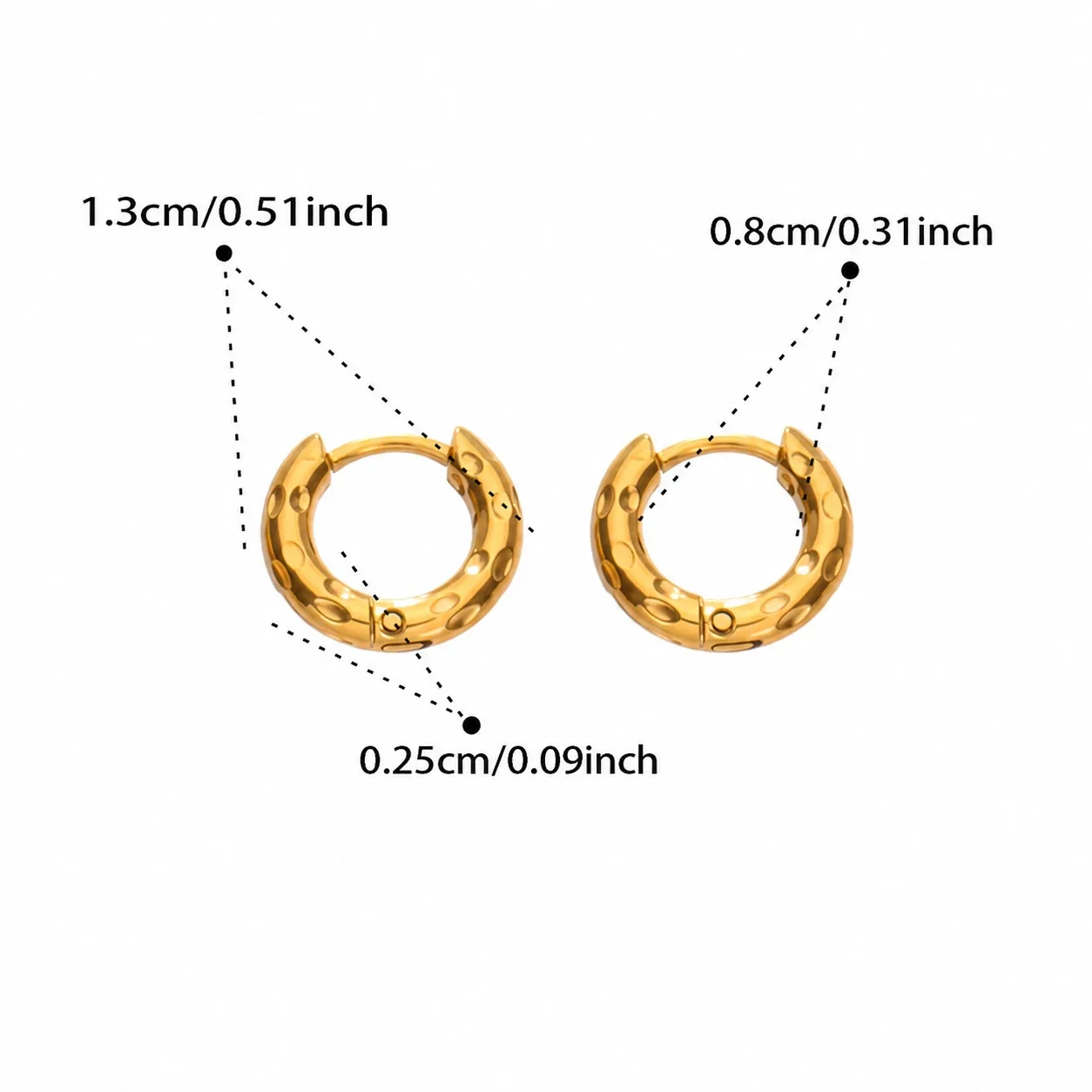 Dimpled Huggie Stainless Steel Hinged Hoop Earrings - Gold 8 mm