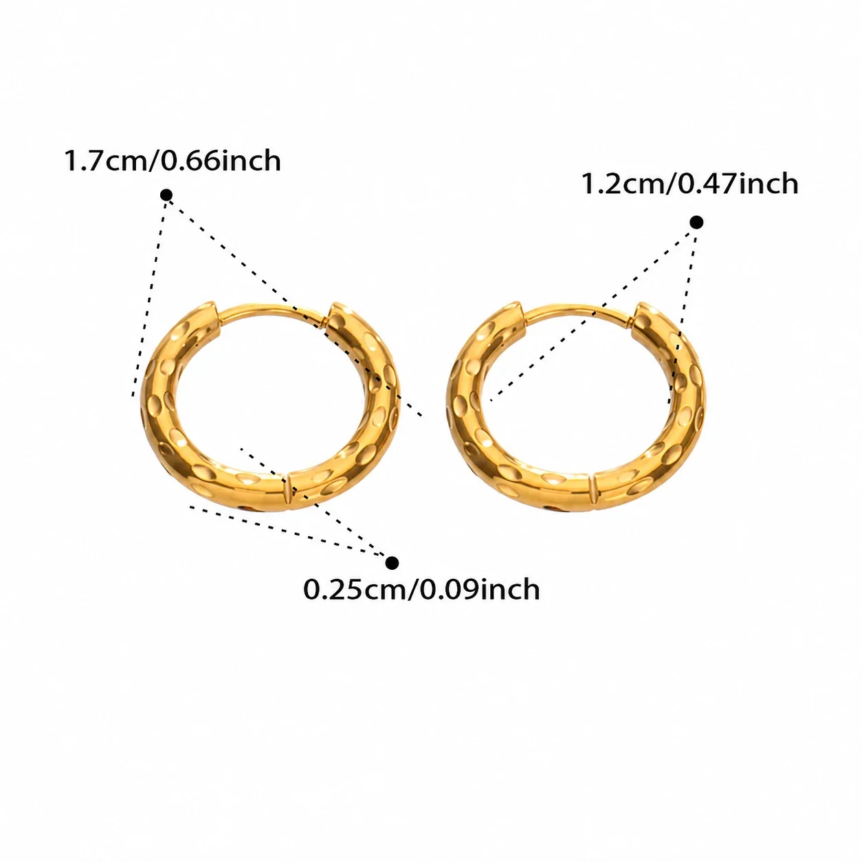 Dimpled Huggie Stainless Steel Hinged Hoop Earrings - Gold 12 mm