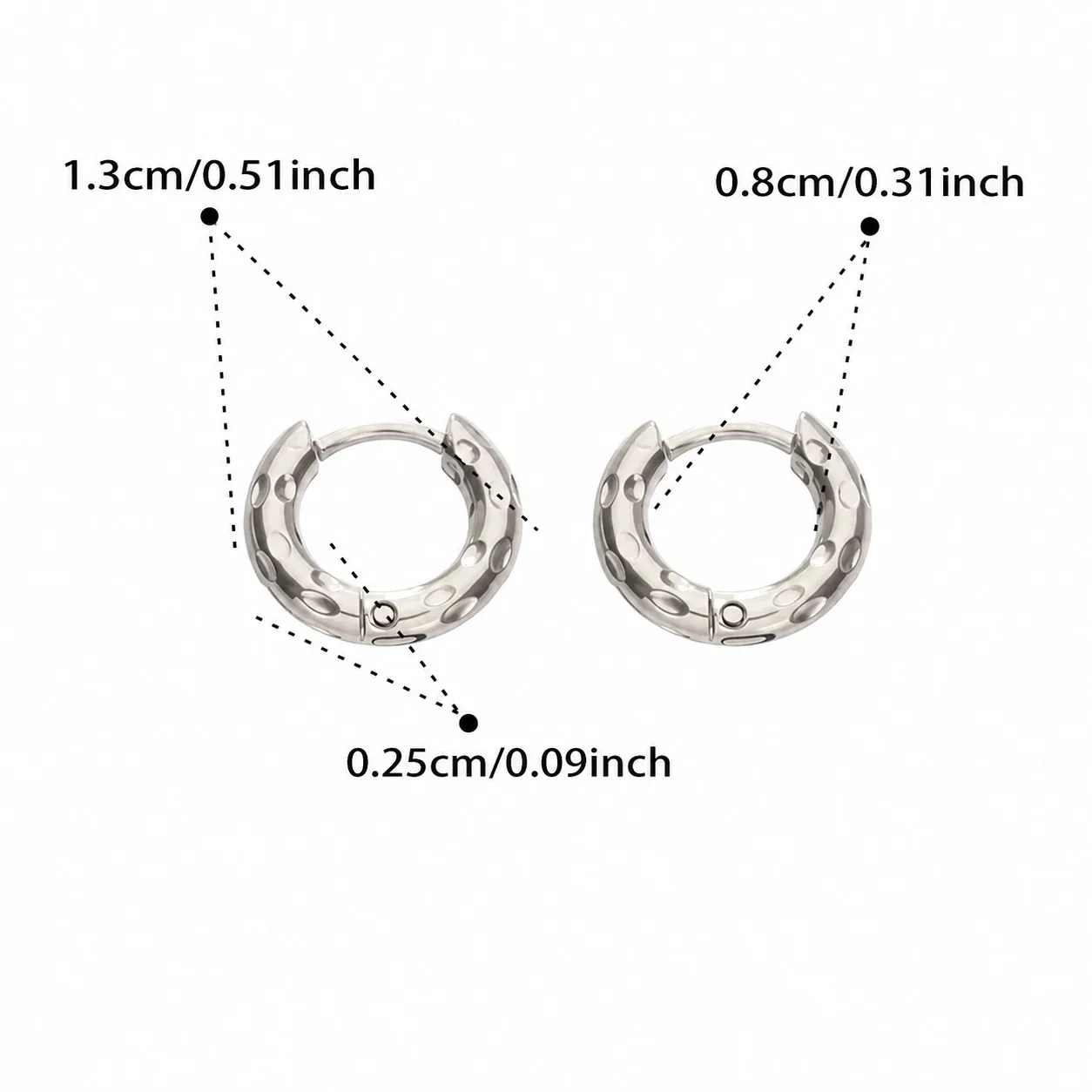 Dimpled Huggie Stainless Steel Hinged Hoop Earrings - Silver 8 mm