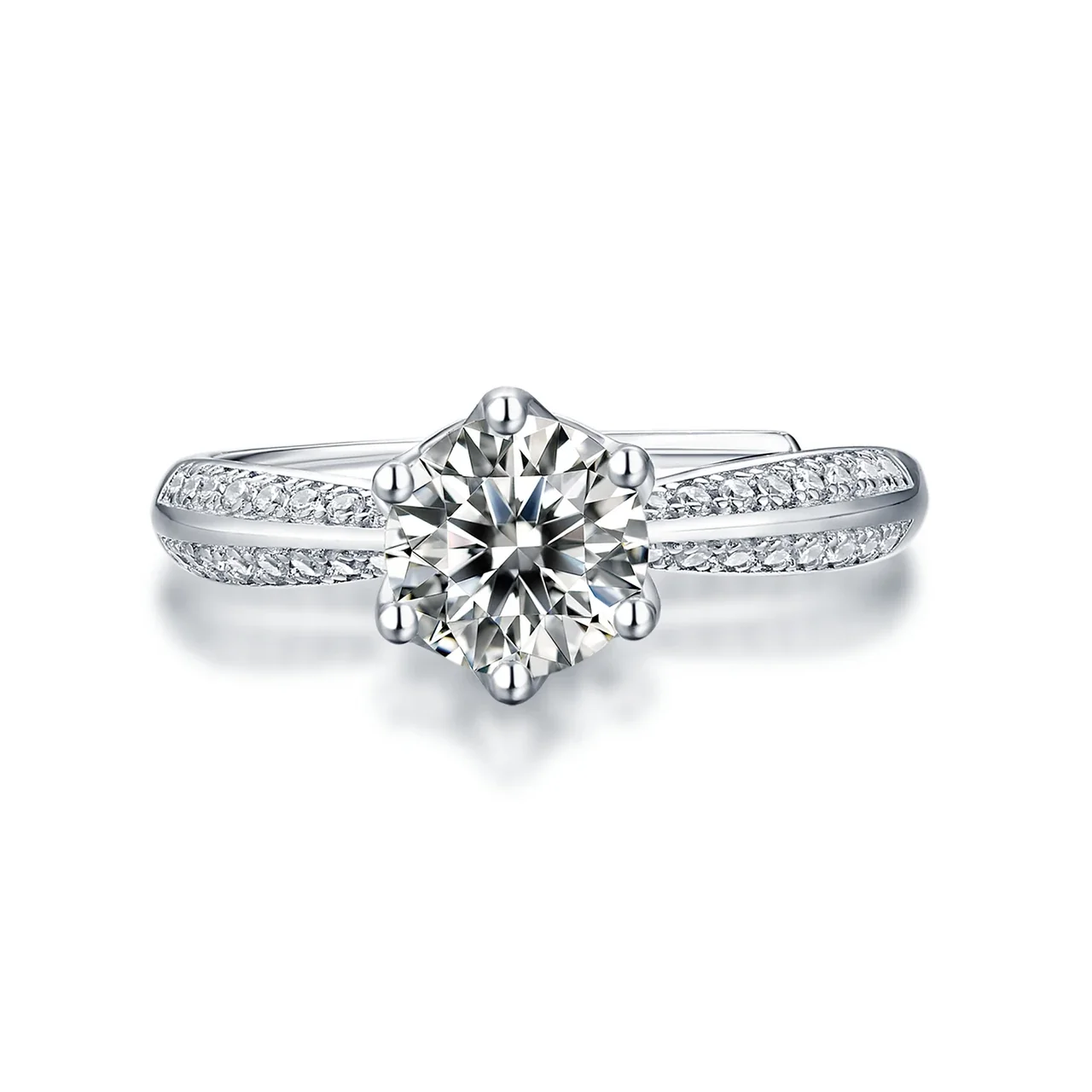 Radiant 925 Sterling Silver Six-Prong Pavé Moissanite Ring