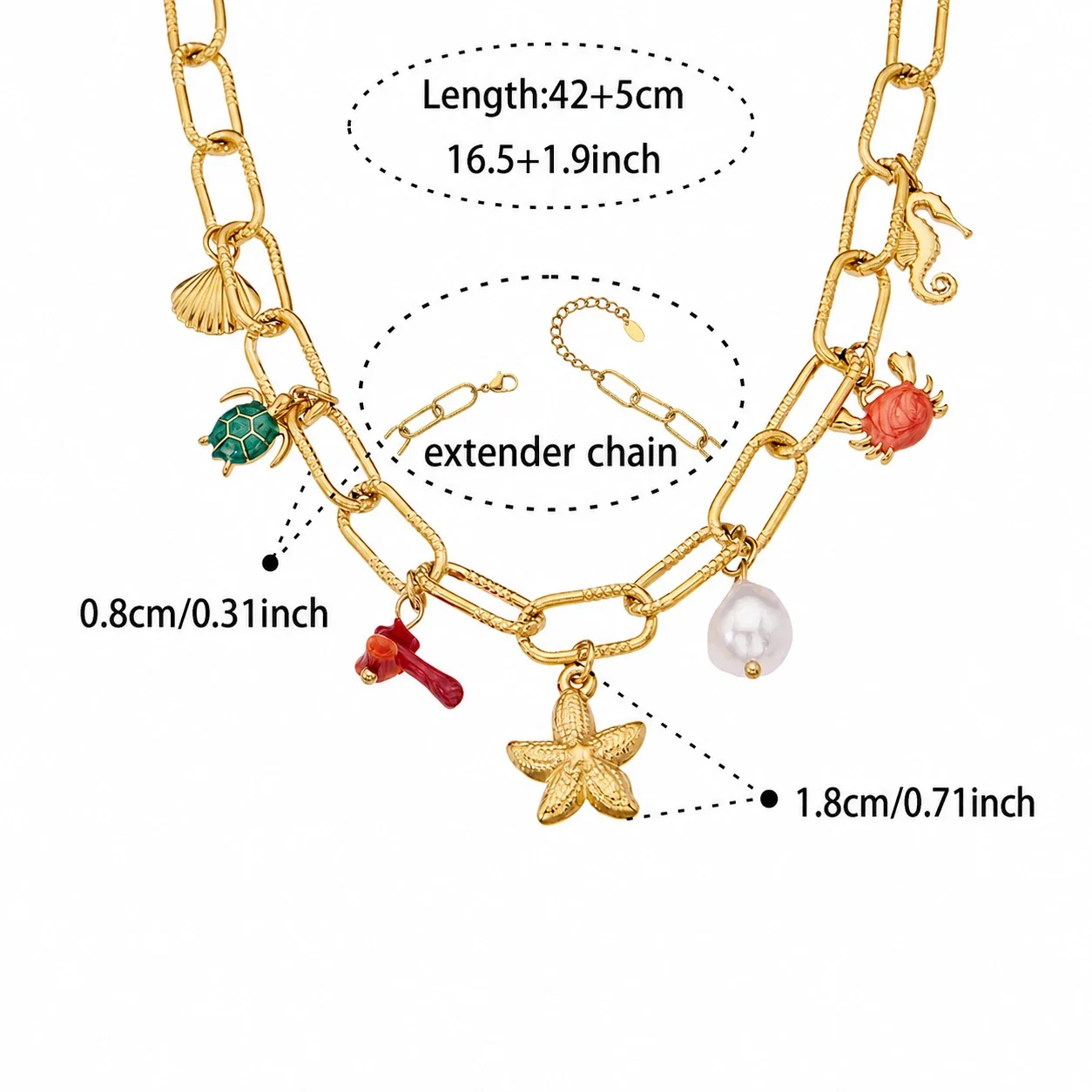 Coastal Stainless Steel Paperclip Charm Jewelry Set - Gold 42+5 cm