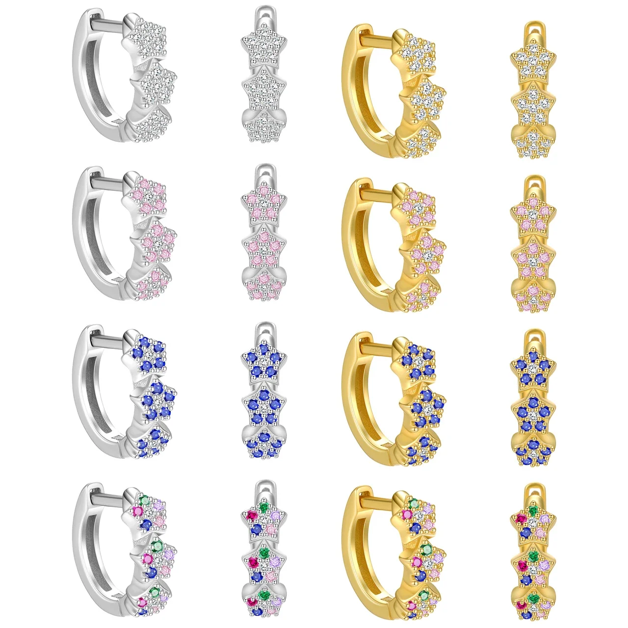Celestial 925 Sterling Silver Triple-Star Pavé Hoop Earrings