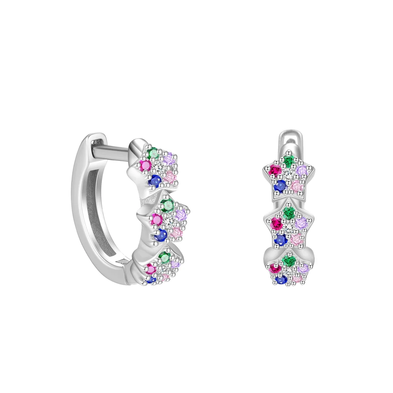 Celestial 925 Sterling Silver Triple-Star Pavé Hoop Earrings - Silver Multicolor Cubic Zirconia