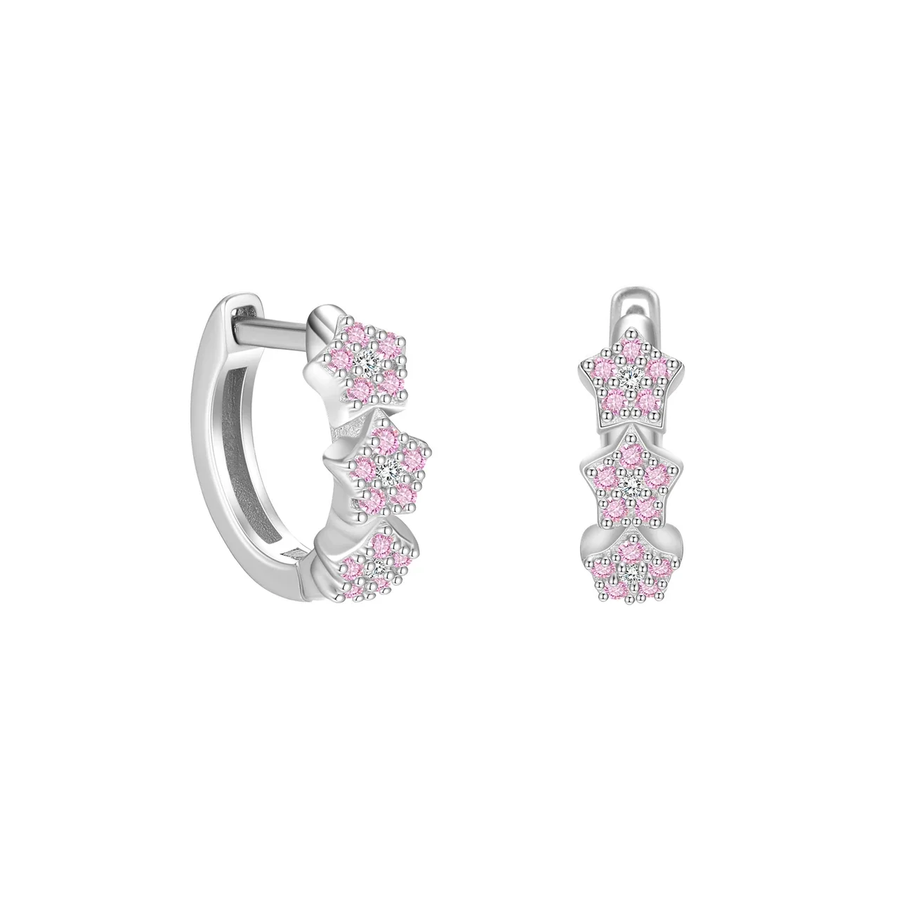 Celestial 925 Sterling Silver Triple-Star Pavé Hoop Earrings - Silver Pink Cubic Zirconia