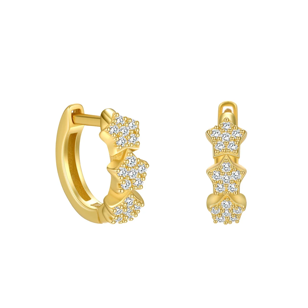 Celestial 925 Sterling Silver Triple-Star Pavé Hoop Earrings - Gold Clear Cubic Zirconia