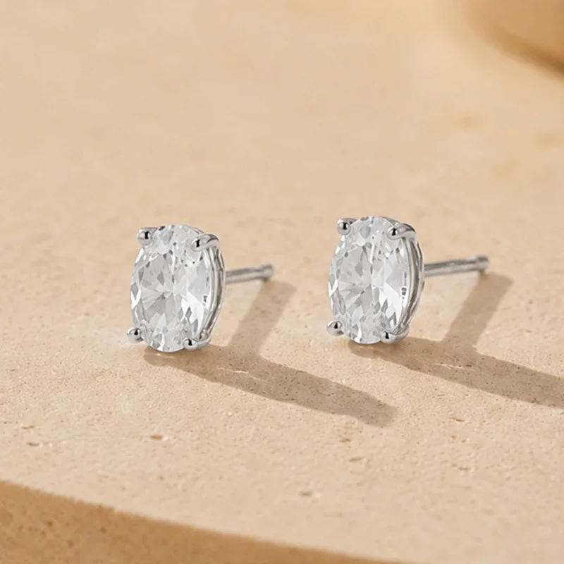 Refined 925 Sterling Silver Oval Four-Prong Stud Earrings - Silver