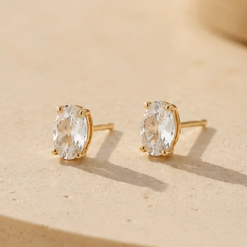 Refined 925 Sterling Silver Oval Four-Prong Stud Earrings - Champagne Gold