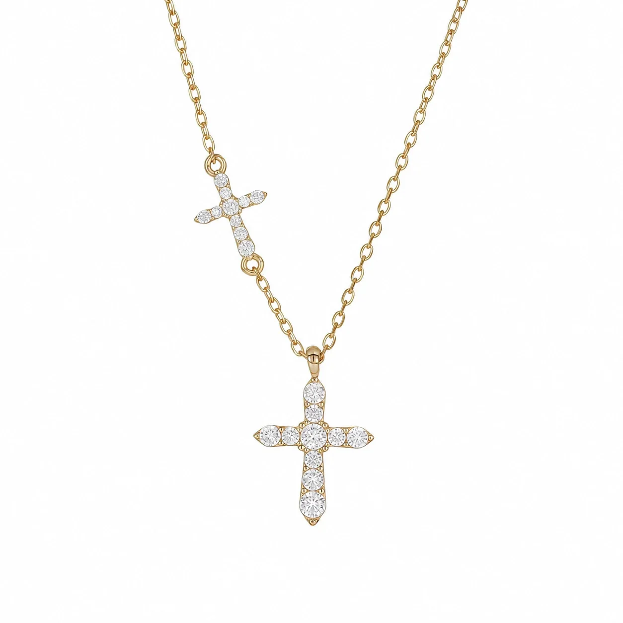 Delicate Double Cross Crystal 925 Sterling Silver Necklace