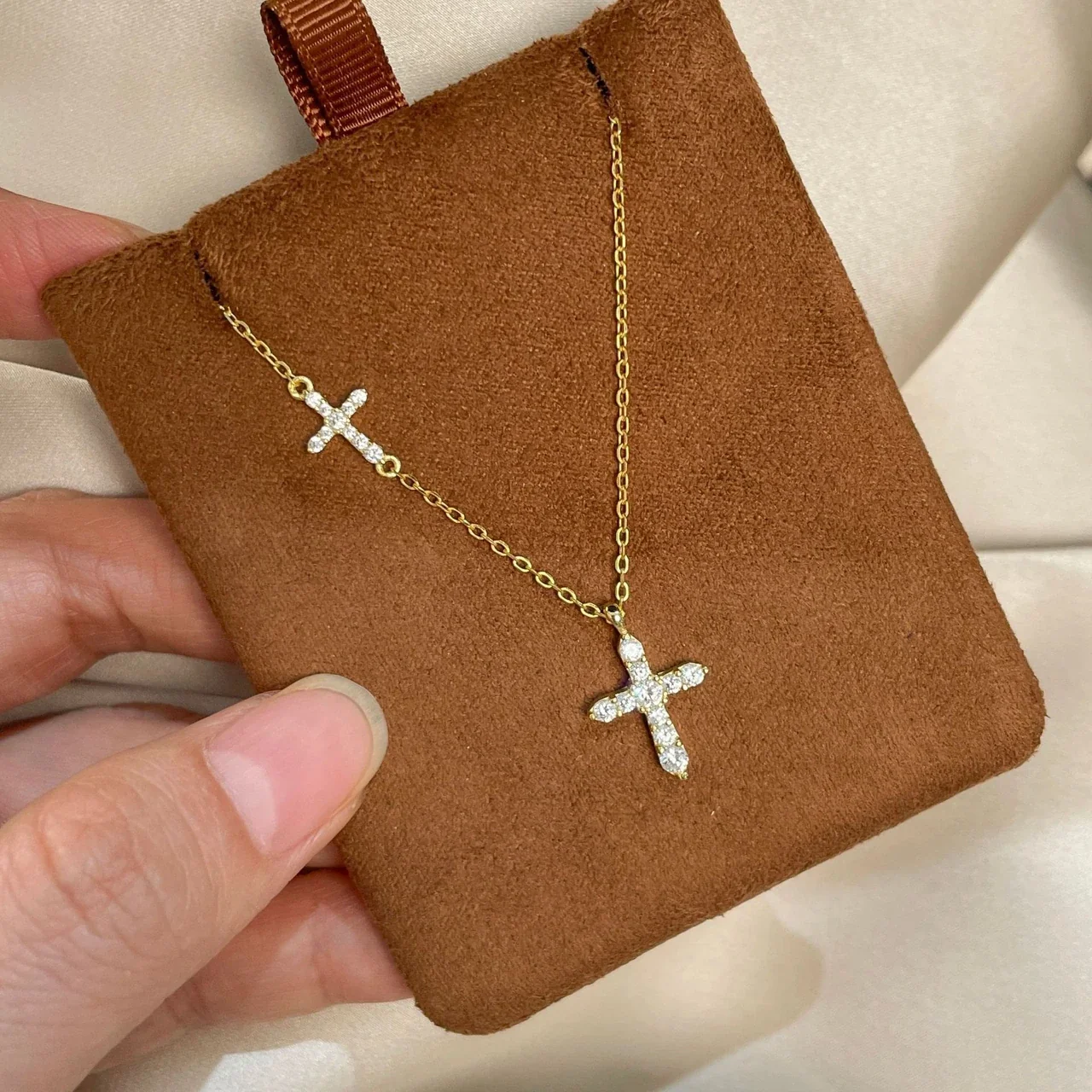 Delicate Double Cross Crystal 925 Sterling Silver Necklace