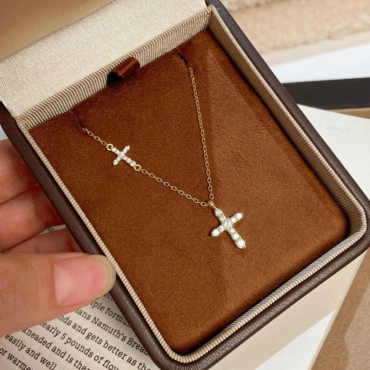 Delicate Double Cross Crystal 925 Sterling Silver Necklace
