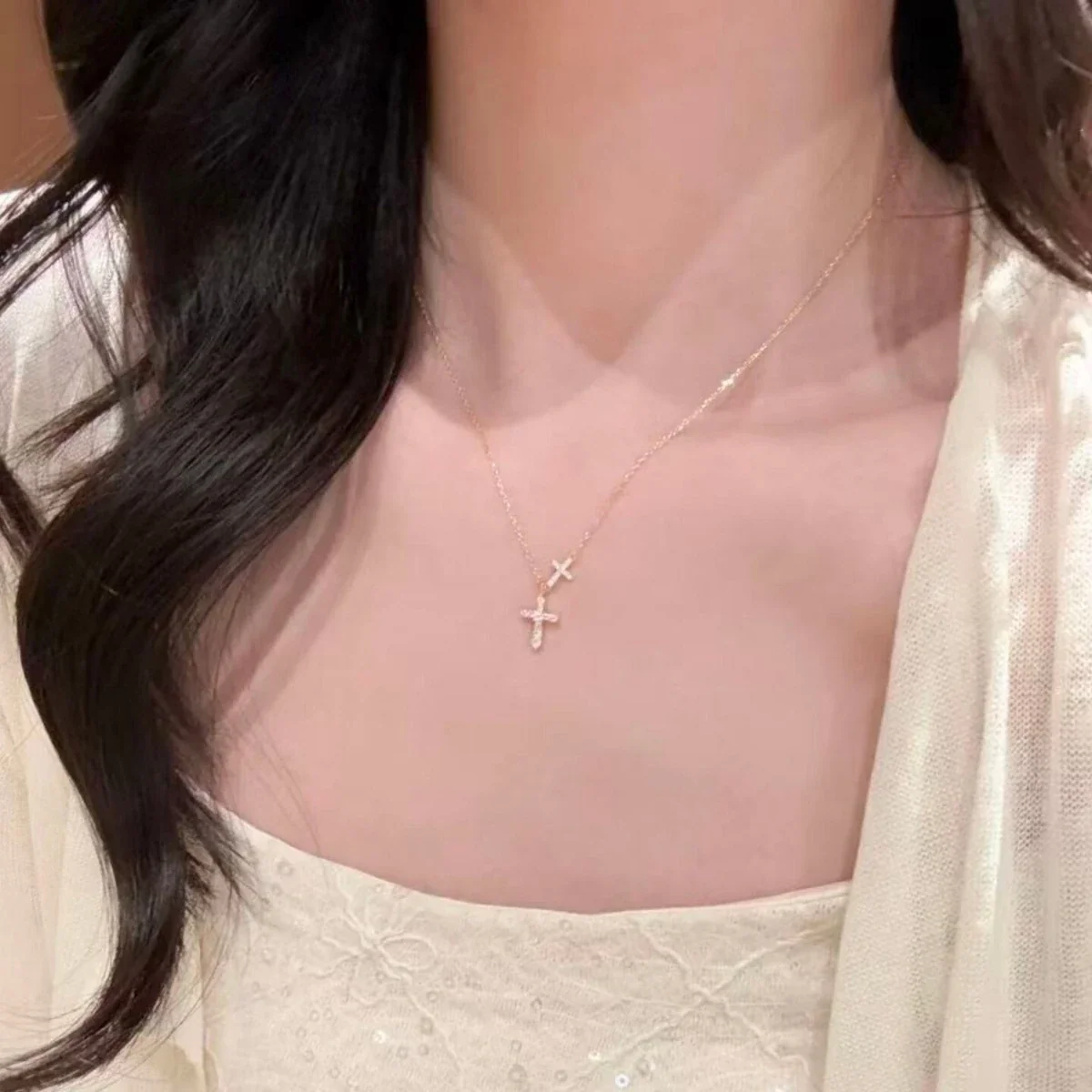 Delicate Double Cross Crystal 925 Sterling Silver Necklace