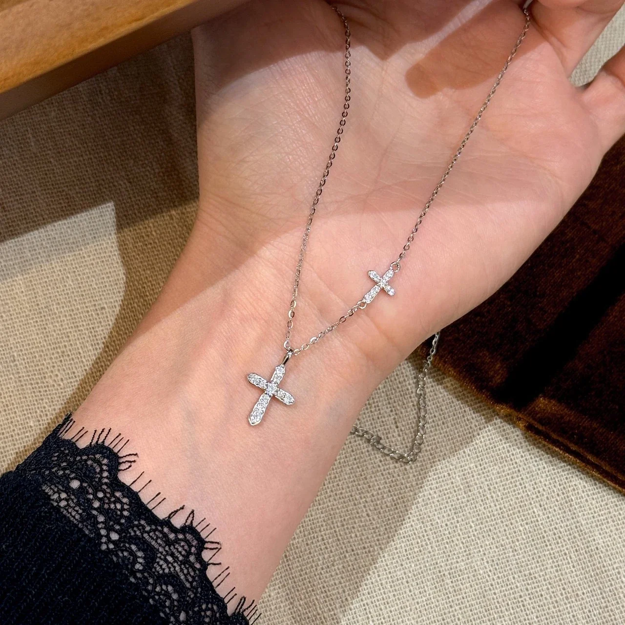 Delicate Double Cross Crystal 925 Sterling Silver Necklace - Silver