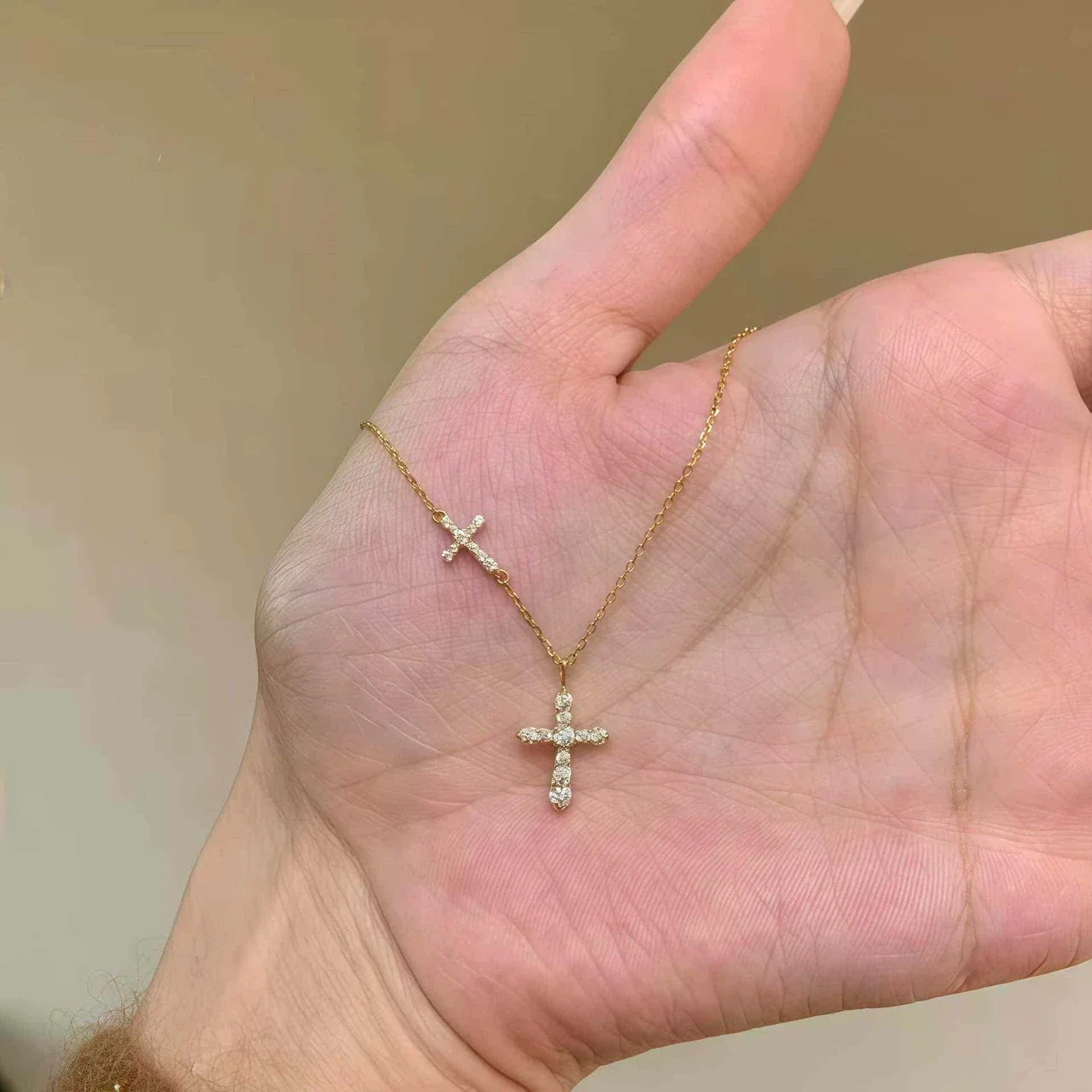 Delicate Double Cross Crystal 925 Sterling Silver Necklace - Gold